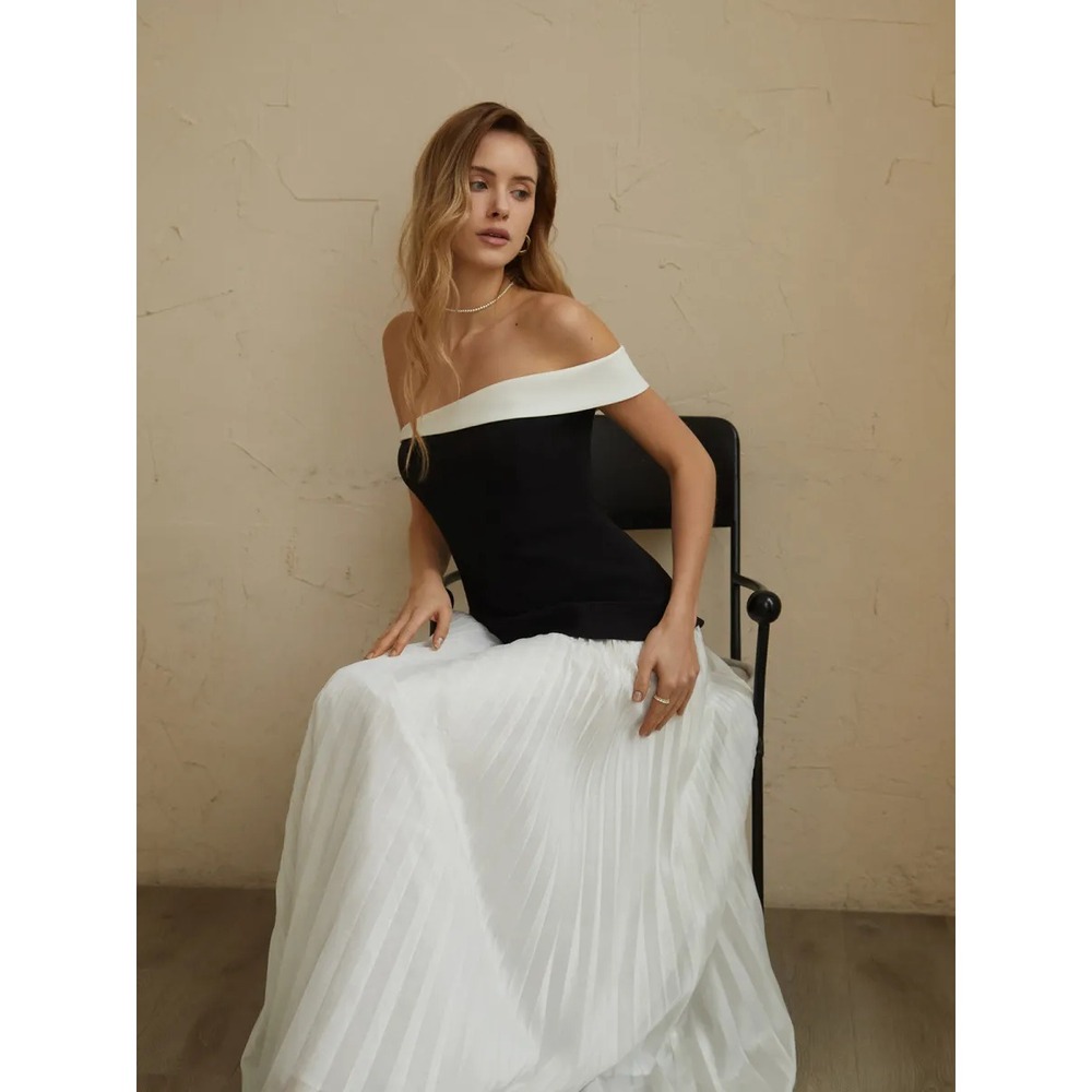 Commense Off-Shoulder Black and White Evening Gown Formal Dress Large - Picture 6 of 17